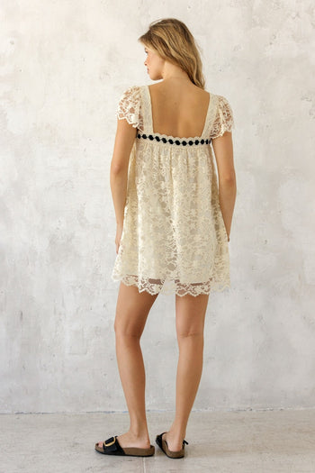 Storia Lace Contrast Ribbon Mini Dress in Cream/Black