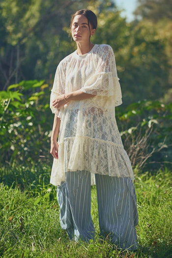 Davi & Dani OVERSIZED Sheer Lace Tunic Top in Cream