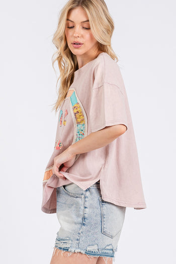 Sage+Fig OVERSIZED Top with Mixed Print Smiley Face Patch on Front in Mauve