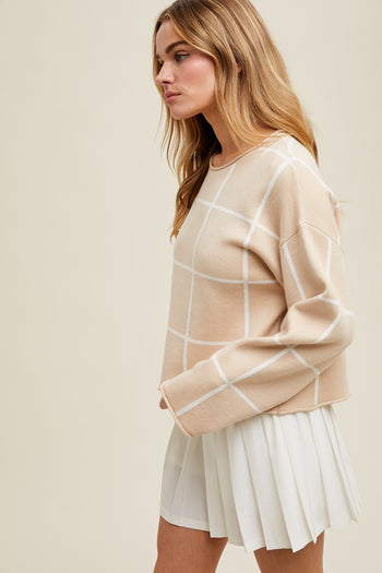 Wishlist Grid Pattern Knit Sweater in Taupe/White
