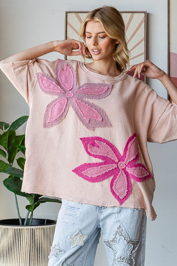 Oli & Hali OVERSIZED Contrasting Flower Patch Top in Blush