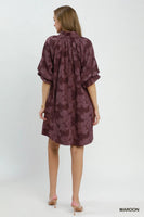 Umgee Floral Textured Jacqaurd V-Neck Dress in Maroon