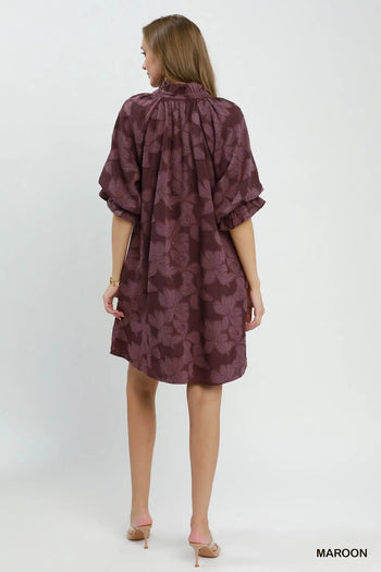 Umgee Floral Textured Jacqaurd V-Neck Dress in Maroon