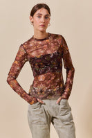 So Me FITTED Floral Sheer Mesh Top in Brown Multi