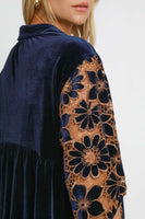 Umgee Velvet Lace Sleeve Tunic Top in Navy