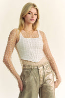 Davi & Dani Sheer Mesh Pearl and Stone Embellished Top in Nude