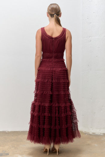 Polagram Sleeveless Tiered Tulle Ruffle Maxi Dress in Wine