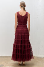 Load image into Gallery viewer, Polagram Sleeveless Tiered Tulle Ruffle Maxi Dress in Wine
