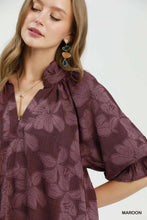 Load image into Gallery viewer, Umgee Floral Textured Jacqaurd V-Neck Dress in Maroon
