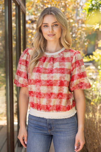 VOY Solid Ribbed Band Bubble Sleeve Plaid Top in Red
