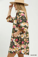 Umgee Mix Floral Contrast Trim Shift Mini Dress in Black Mix