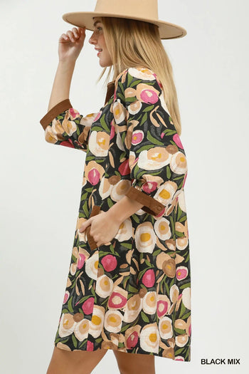 Umgee Mix Floral Contrast Trim Shift Mini Dress in Black Mix