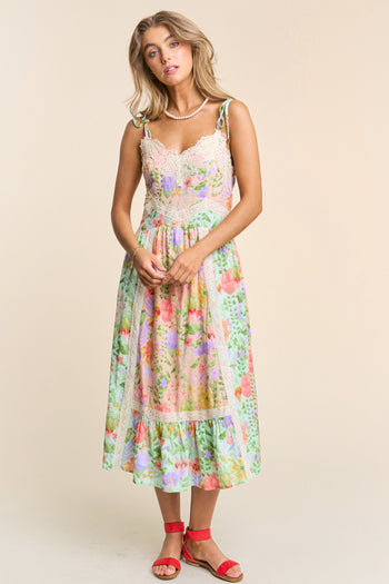 J.nna Floral Print Midi Dress with Lace Trim in Garden Dream