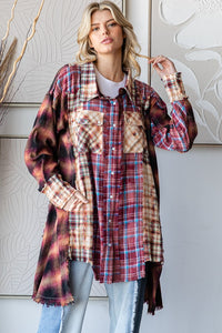 Oli & Hali Mixed Plaid Button Down Top with Pearl Snap Buttons in Burgundy