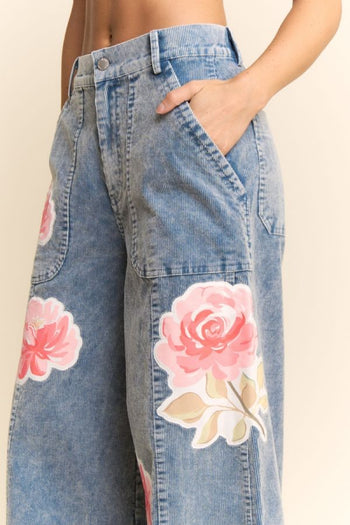 Davi & Dani Washed Corduroy Pants with Printed Flowers in Washed Blue