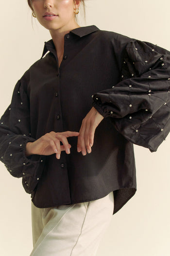 Davi & Dani Solid Color Button Up Top with Stone Embellished Sleeves in Black