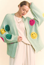 Load image into Gallery viewer, Davi &amp; Dani Open Front Cardigan with Smiley Face Patches in Sage
