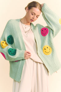 Davi & Dani Open Front Cardigan with Smiley Face Patches in Sage