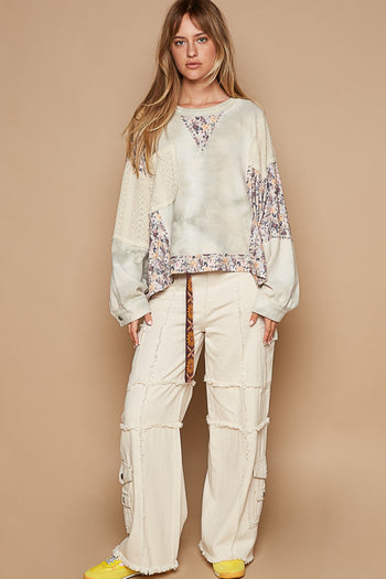 POL Tie Dye Thermal Knit Top with Contrasting Floral and Lace Fabric in Sage Multi