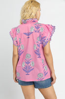 Umgee Floral Print Top with Scallop Trim in Pink Mix