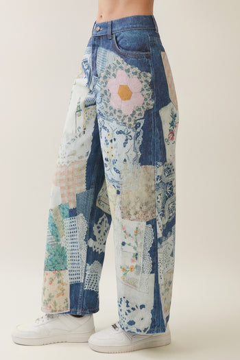 Veveret Digitally Printed Patchwork Denim Pants in Dark Denim