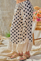 BiBi Linen Blend Polka Dot Printed Ruffle Lace Hem Pants in Cream/Black