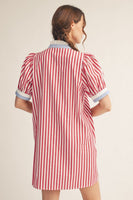 Jodifl Striped Button Front Puff Sleeve Dress in Red ON ORDER