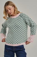 BON Soft Jacquard Geometric Sweater in Green/Blush