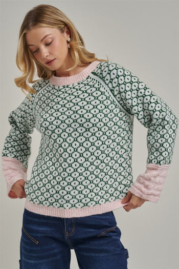 BON Soft Jacquard Geometric Sweater in Green/Blush