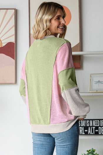 7th Ray Color Block Honeycomb Knit Top in Avocado