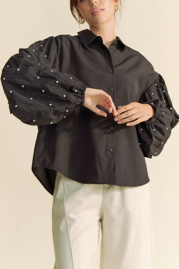 Davi & Dani Solid Color Button Up Top with Stone Embellished Sleeves in Black