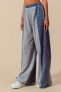 So Me Denim and French Terry Distressed Wide Leg Pants in Denim/Light Grey