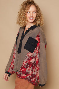 POL French Terry Top with Contrasting Color and Plaid Details in Charcoal