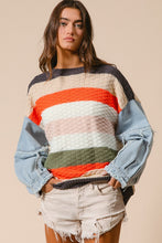 Load image into Gallery viewer, BiBi Cable Knit Multicolored Striped Sweater with Denim Sleeves in Pumpkin Combo
