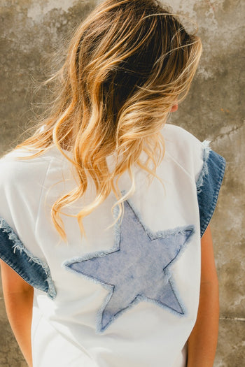 BiBi French Terry Top with Denim Star Patch Front in Off White