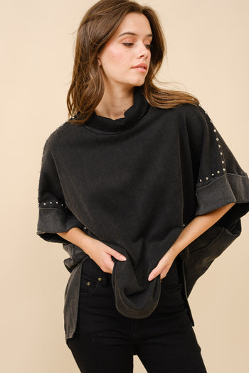 Blue B Solid Color Funnel Neck Studded Dolman Sweatshirt in Black ON ORDER