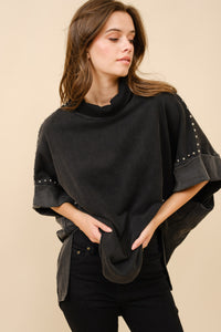 Blue B Solid Color Funnel Neck Studded Dolman Sweatshirt in Black