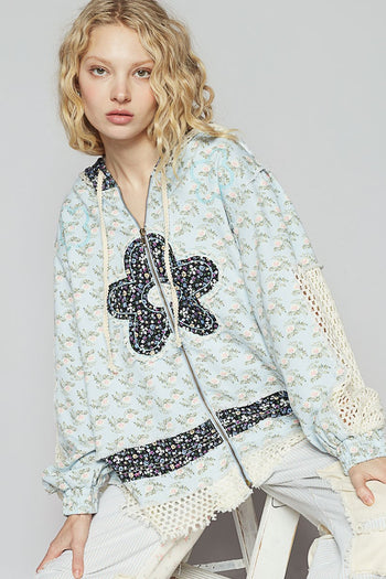 POL Floral Print Twill Jacket with Crochet Details in Baby Blue Floral