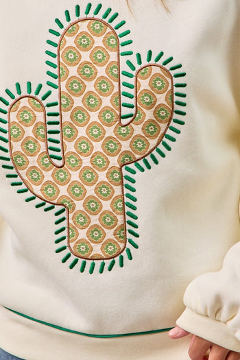 BiBi Fleece Sweatshirt with Embroidered Cactus Patch on Front in Cream