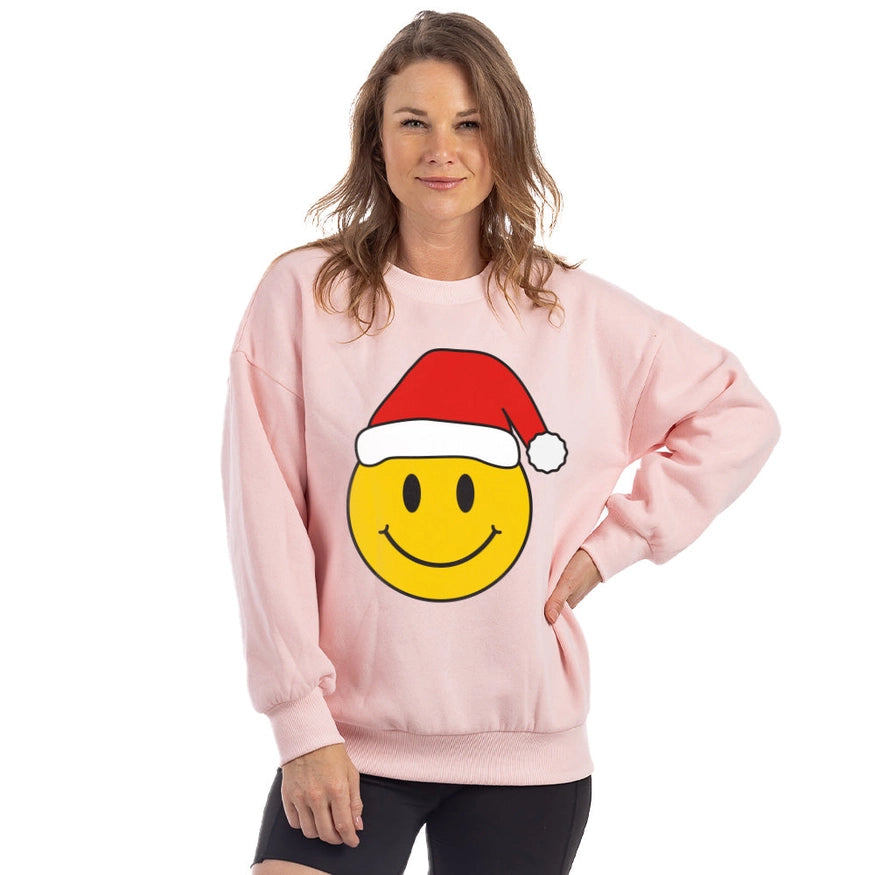 Katydid Santa Happy Face Christmas Sweatshirt in Light Pink Shirts & Tops Katydid   