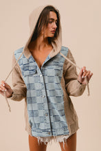 Load image into Gallery viewer, BiBi Mixed Checkered Denim and Knit Sweater Hooded Jacket in Denim/Latte
