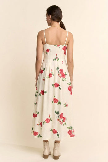 Davi & Dani Flower Print French Terry Midi Dress in Cream