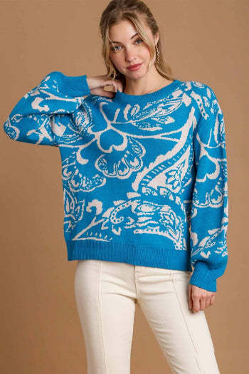 Umgee Floral Knit Sweater in Turquoise