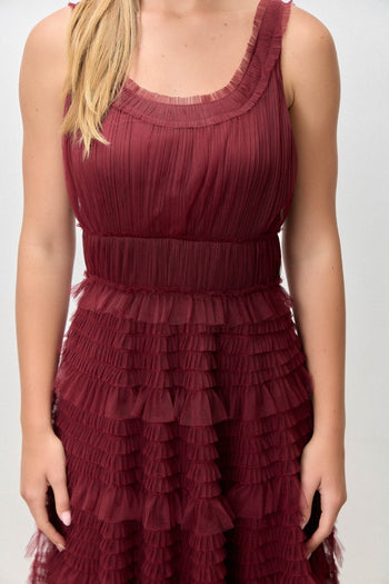 Polagram Sleeveless Tiered Tulle Ruffle Maxi Dress in Wine