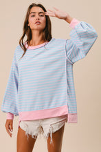 Load image into Gallery viewer, BiBi French Terry Striped Top with Uneven Hemline in Lt Blue/Blush
