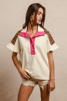 BiBi Soft Knit Collared Top with Contrasting Color and Leopard Print in Ivory