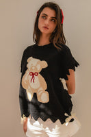 BiBi Teddy Bear Knit Sweater Top with Side Ties in Black