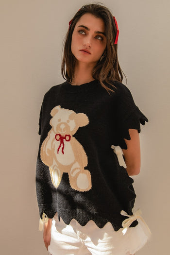 BiBi Teddy Bear Knit Sweater Top with Side Ties in Black