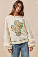 BiBi Fleece Sweatshirt with Embroidered Cactus Patch on Front in Cream