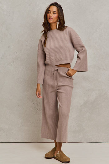 So Me Ribbed Knit Sweater Set in Ash Brown